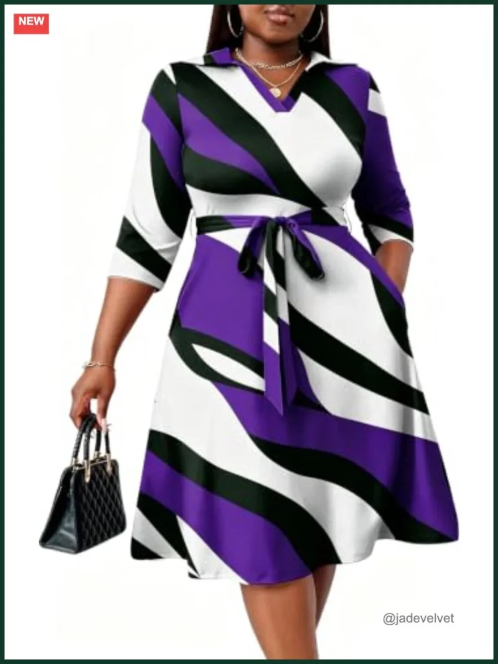 Plus Size A-Line Midi Dress with Belt and Pockets 3/4 Sleeve Cocktail Dress